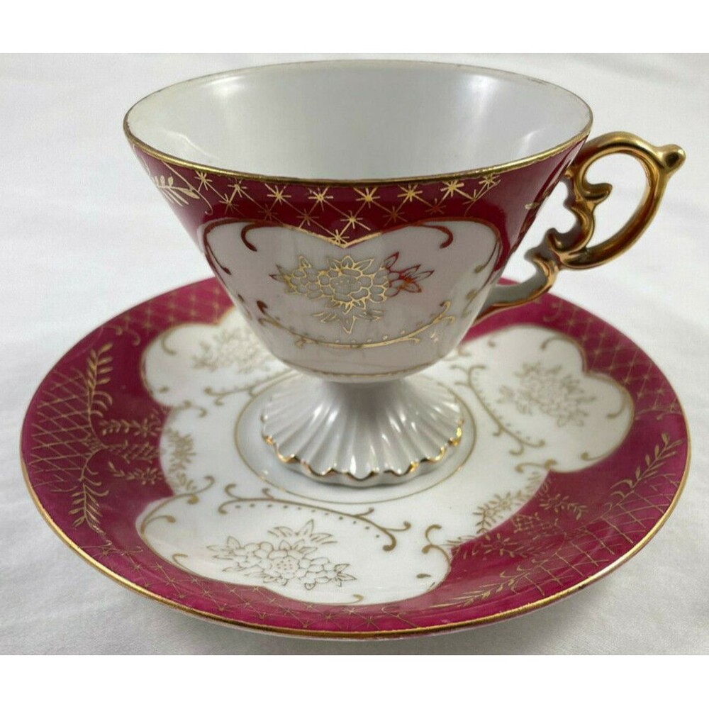 Lefton Pink Footed Tea Cup & Saucer Red Maroon Gold Hand Painted Vintage